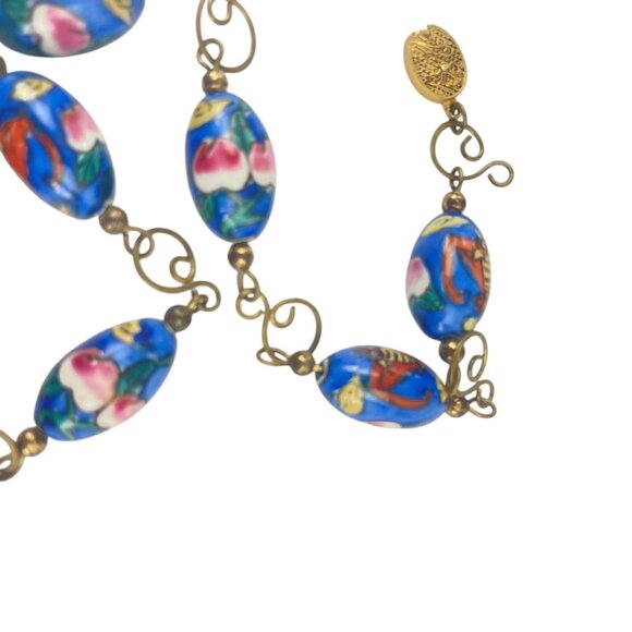 Vintage Hand-Painted Blue Millefiori Glass Bead Necklace Gold-Tone Metal Chain - Picture 6 of 13